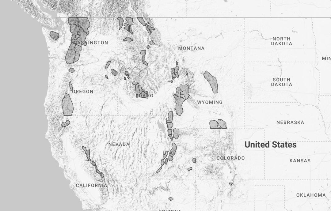 A screenshot from the National Avalanche Center with Western U.S. avalanche forecast zones highlighted.